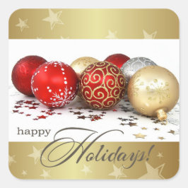 Adesivo Quadrado Feliz Férias. Natal Dourado vermelho