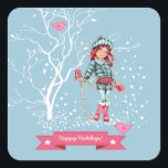 Adesivo Quadrado Feliz Férias. Young Girl Skier Christmas<br><div class="desc">Feliz Férias. Cena de Neve com uma menina design de esquiador de Natal. Cartões,  favoritos para festas e presentes disponíveis na Categoria Natal e Ano Novo da nossa loja.</div>