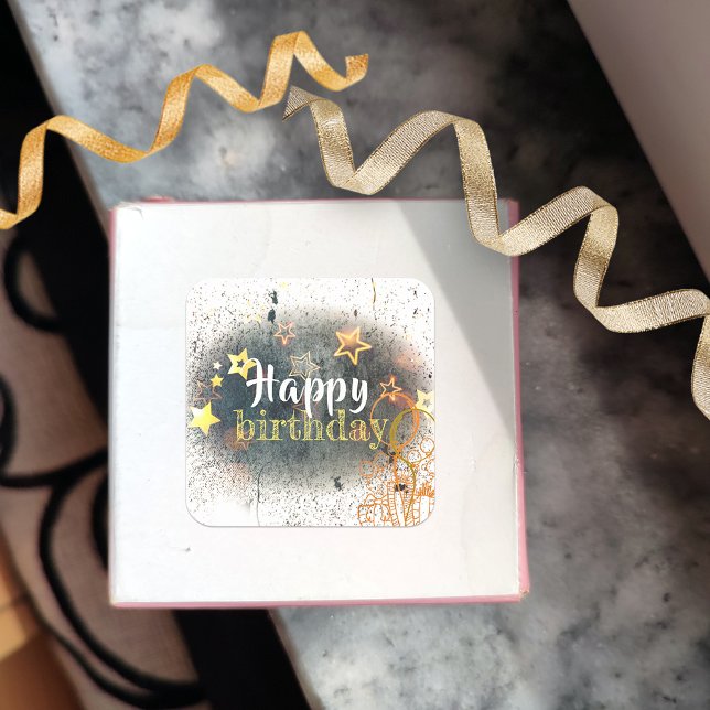 Adesivo Quadrado Feliz Festa De Aniversário Estende Balões E Presen (Criador carregado)