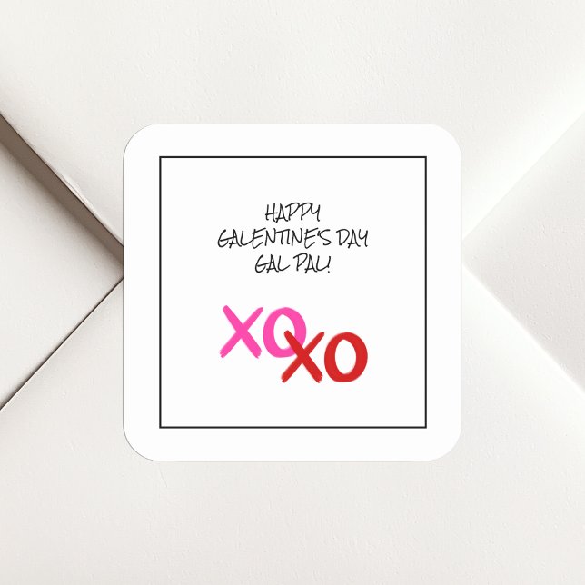 Adesivo Quadrado Feliz Galentine XOXO Hugs e Kisses Gal Pal Rosa (Happy Galentine XOXO Hugs and Kisses Pink Gal Pal Square Sticker)