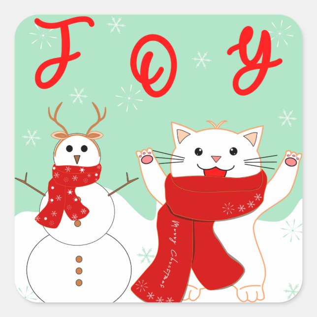 Adesivo Quadrado Feliz Gato com Neve | Vinheta de Natal (Frente)