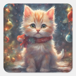 Adesivo Quadrado Feliz Gato De Natal, Gatinho De Férias, Pet