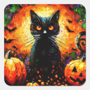Adesivo Quadrado Feliz Halloween Black Cat Bats