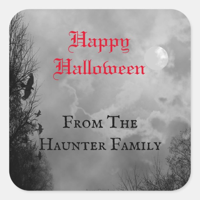 Adesivo Quadrado Feliz Halloween Churrasco, Lua Cheia e Vinheira (Frente)