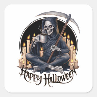 Adesivo Quadrado Feliz Halloween e um esqueleto
