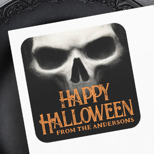 Adesivo Quadrado Feliz Halloween fantasma assustador crânio preto l
