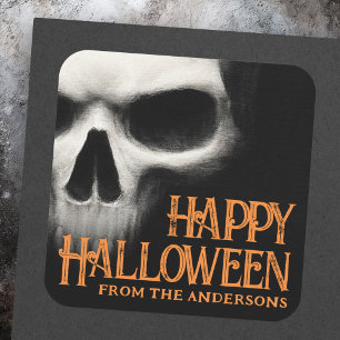 Adesivo Quadrado Feliz Halloween fantasma assustador crânio preto l