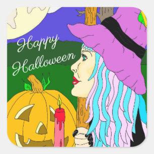Adesivo Quadrado Feliz Halloween Feiticeira e Lua Cheia