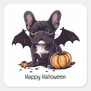 Adesivo Quadrado Feliz Halloween Francês Buldogue Wings Pumpkins