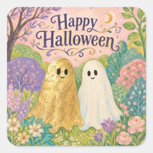 Adesivo Quadrado Feliz Halloween Jardim de Flores Fantasma Fofinho