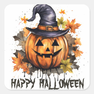 Adesivo Quadrado Feliz Halloween Mau Grinning Pumpkin Art