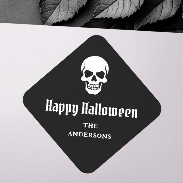 Adesivo Quadrado Feliz Halloween mauzão nome personalizado ou texto (Happy Halloween spooky skull custom name or text Square Sticker)