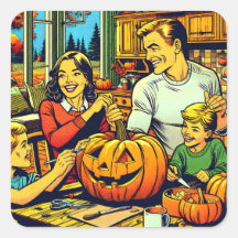 Feliz Halloween Nostalgia Família Carving Pumpkins