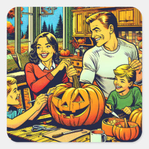 Adesivo Quadrado Feliz Halloween Nostalgia Família Carving Pumpkins