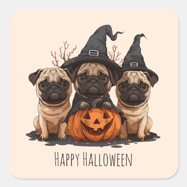 Adesivo Quadrado Feliz Halloween Pugs Jack O Lanternas (Frente)