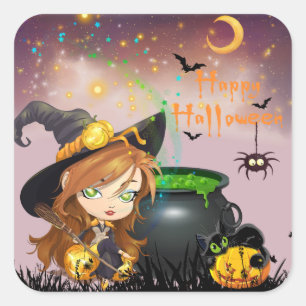 Adesivo Quadrado Feliz Halloween Witch Brew e Pumpkins