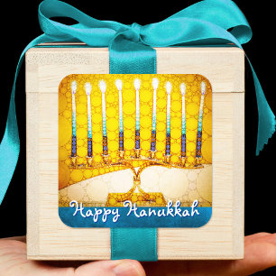 Adesivo Quadrado Feliz Hanukkah Artes Menorá Amarela Dourada Tendên