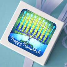 Feliz Hanukkah Artsy Turquoise Blue Menorah