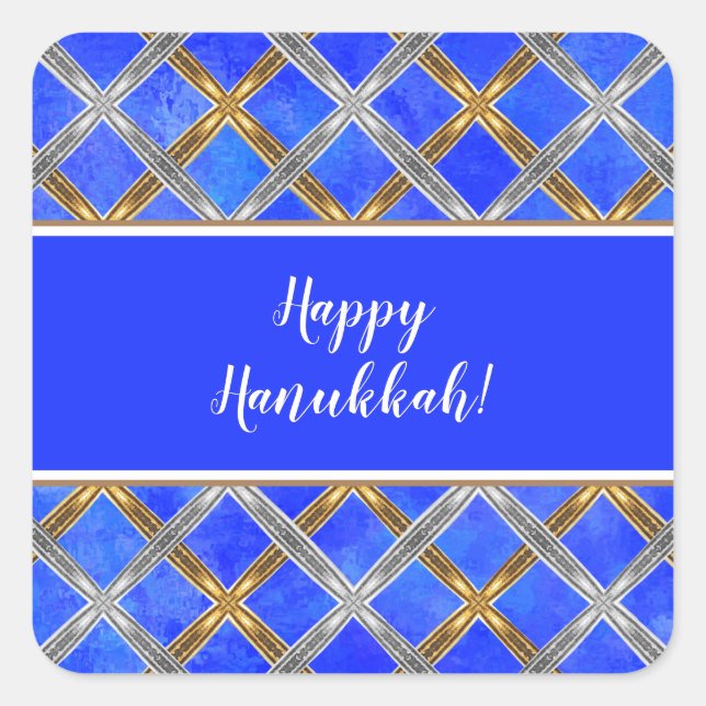 Adesivo Quadrado Feliz Hanukkah Dourado, Prata e Lacrado Branco (Frente)