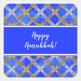 Adesivo Quadrado Feliz Hanukkah Dourado, Prateado e Entrelaçado de 