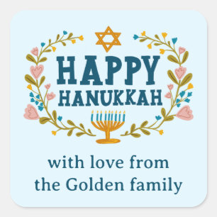 Adesivo Quadrado FELIZ HANUKKAH, Feriado floral judaico