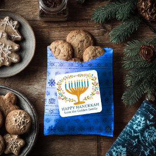 Adesivo Quadrado FELIZ HANUKKAH, Feriado floral judaico