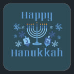 Adesivo Quadrado Feliz Hanukkah Festival Judeu Menorah Dreidel<br><div class="desc">Feliz Hanukkah divertiu palhaços judeus com flocos de neve,  menorah e sonho.</div>