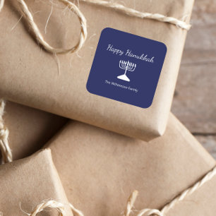 Adesivo Quadrado Feliz Hanukkah Menorah Simple Blue