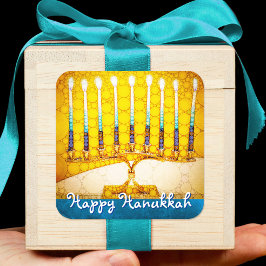 Adesivo Quadrado Feliz Hanukkah Trendy Artsy Amarelo Dourado Menora
