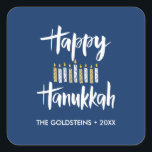 Adesivo Quadrado Feliz Hanukkah velas amarelas azuis<br><div class="desc">Fale com você Chanucá por e-mail ou seu presente para as festas com esses adesivos engraçados com "Feliz Chanucá" na tipografia moderna escovada e uma decoração de velas em amarelo e azul. Adicione seu nome ou mensagem usando o modelo</div>