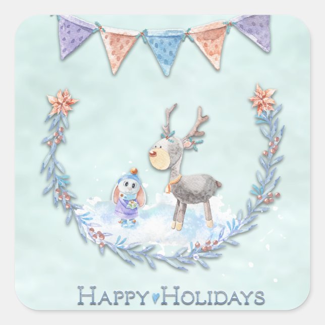 Adesivo Quadrado Feliz Holidays Reindeer Bunny Wreath Scense (Frente)
