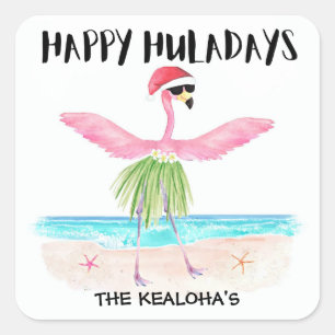 Adesivo Quadrado Feliz Huladays Flamingo Praia Tropical Natal