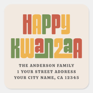 Adesivo Quadrado Feliz Kwanzaa texto vermelho verde amarelo endereç