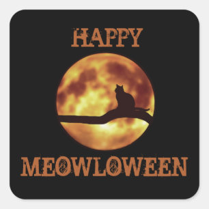Adesivo Quadrado Feliz MEOWloween Moon Black Silhouette Pun