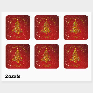 Adesivo Quadrado Feliz Natal 20XX Estrelas de Árvore Vermelha Doura