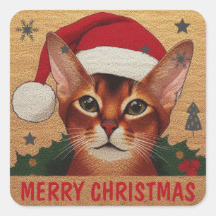 Adesivo Quadrado Feliz Natal Abyssinian Cat, Papais noeis Xmas Kitt