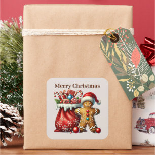 Adesivo Quadrado Feliz Natal adicione texto pão de gengibre