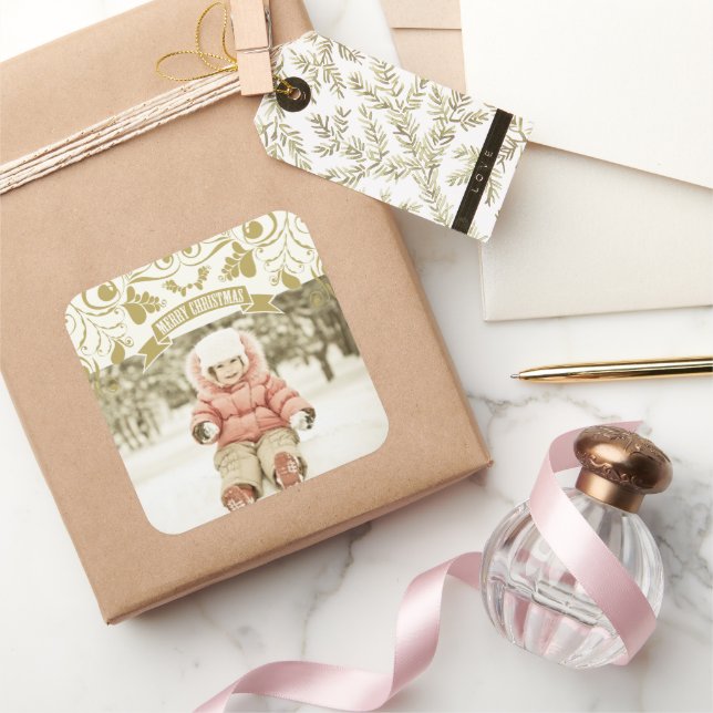 Adesivo Quadrado Feliz Natal Art Nouveau Foto Floral Flourish (Presentear)