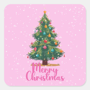 Adesivo Quadrado Feliz Natal, Árvore de Natal, Feriado, Rosa