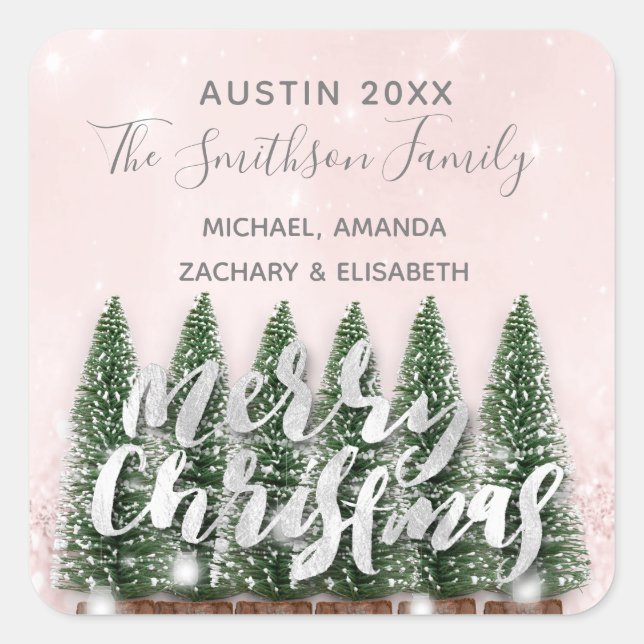 Adesivo Quadrado Feliz Natal Árvore Dourada Rosa Luzes de inverno N (Frente)