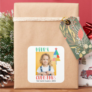 Adesivo Quadrado Feliz Natal Árvores de Natal Modernas em Patchwork