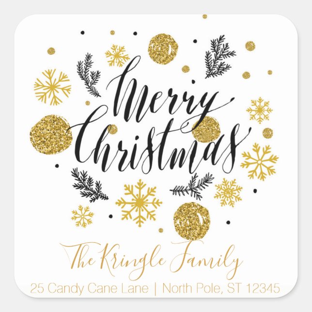 Adesivo Quadrado Feliz Natal Black Dourado Family Return Endereço (Frente)