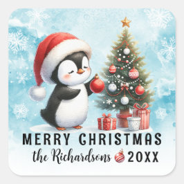 Adesivo Quadrado Feliz Natal Blue Red Cute Penguin Family