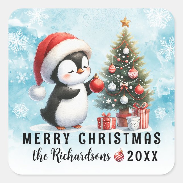 Adesivo Quadrado Feliz Natal Blue Red Cute Penguin Family (Frente)