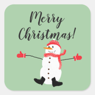 Adesivo Quadrado Feliz Natal Boneco de Neve Fofo em Verde Musgo