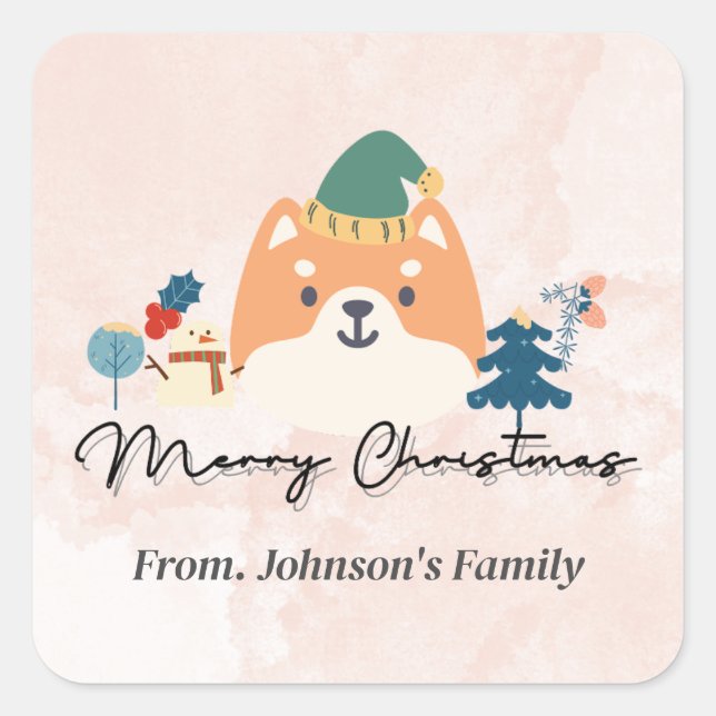 Adesivo Quadrado Feliz Natal, bonitinho Shiba. (Frente)