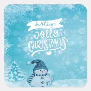 Adesivo Quadrado Feliz Natal, Bonito Snowman Pine Tree Snowflakes