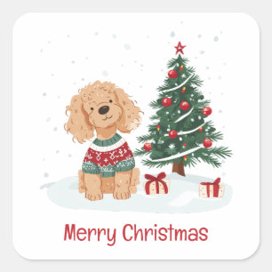 Adesivo Quadrado Feliz Natal Cachorro Goldendoodle