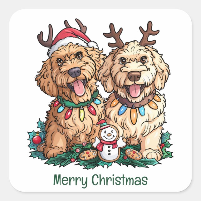 Adesivo Quadrado Feliz Natal Cachorros de Goldendoodle (Frente)