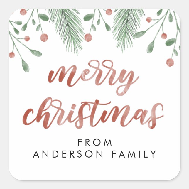 Adesivo Quadrado Feliz Natal Caligrafia Cereja Botânica (Frente)